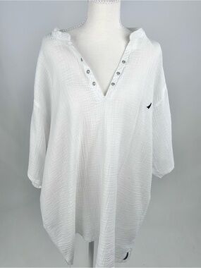 Blanc du Nil 3XL White Cotton Gauze Tunic Top Coastal Resort Boho